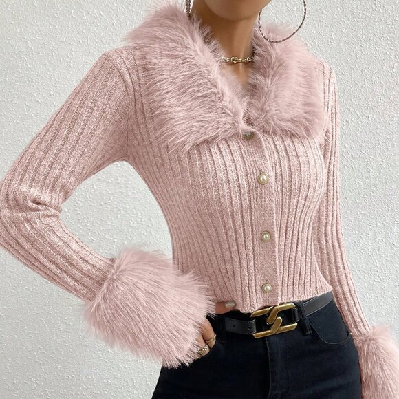 Baby Pink Casual Women's Furry Collar Long Sleeve Knitted Ribbed Cardigan - Picture 6 of 7